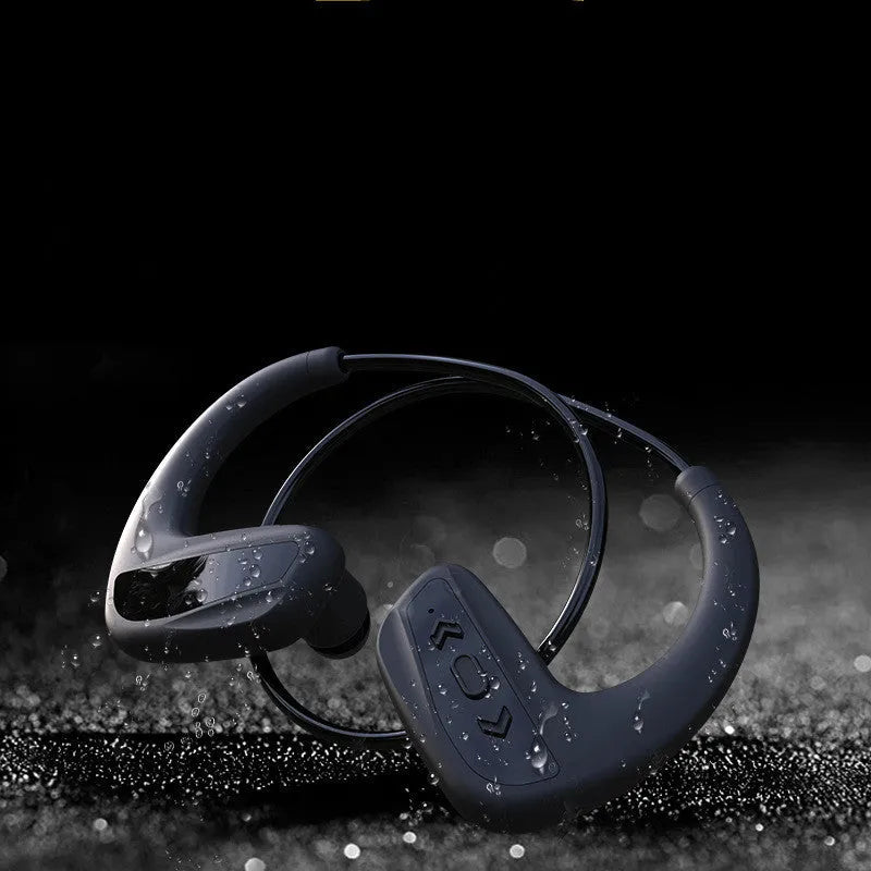 Black waterproof swimming headset with head-mounted design for sports use