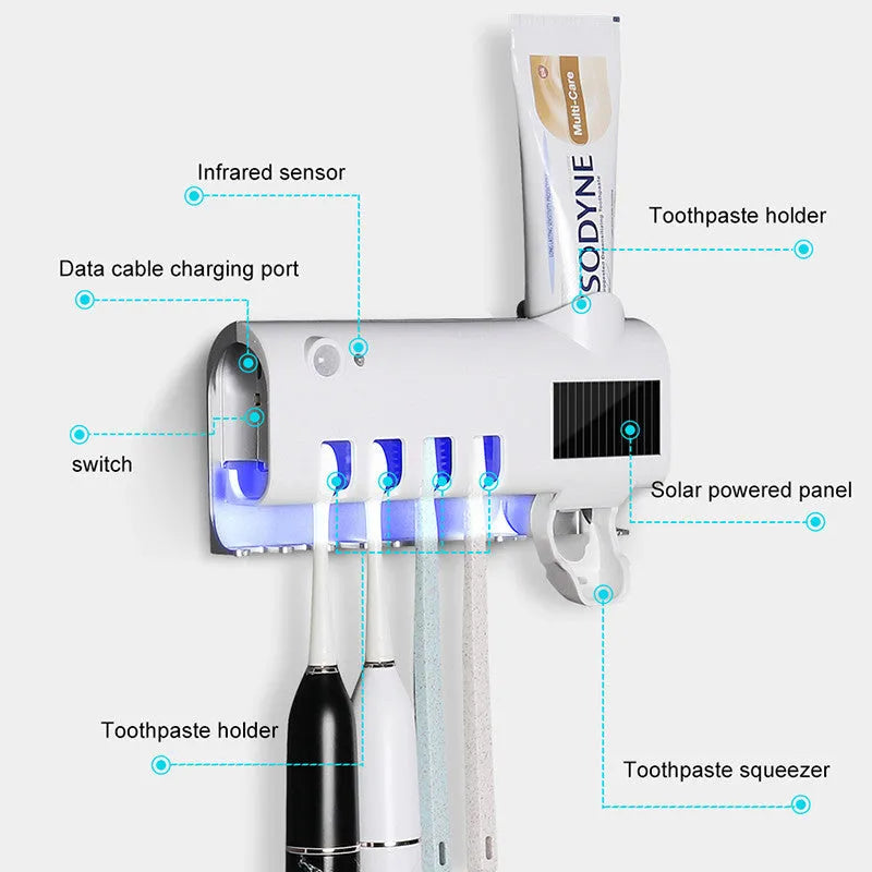 Intelligent UV toothbrush steriliser unit with automatic toothpaste squeezer mounted on wall