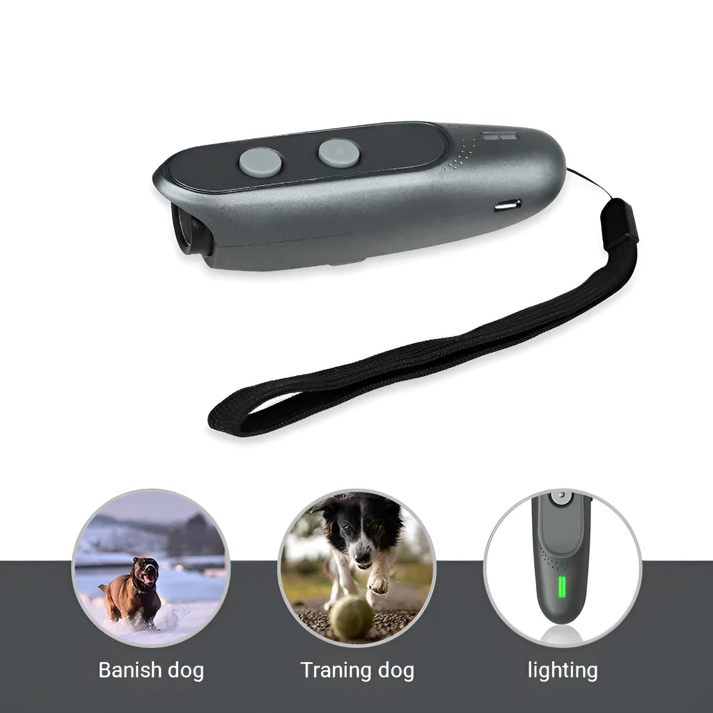 Black handheld ultrasonic pet trainer with hanging string, 10m range for outdoor dog training
