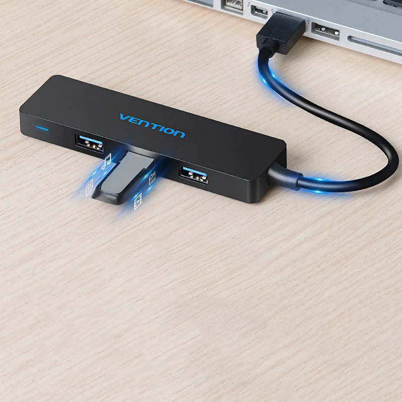 Black USB 3.0 hub with four ports, 0.15m cable, and nickel-plated connectors