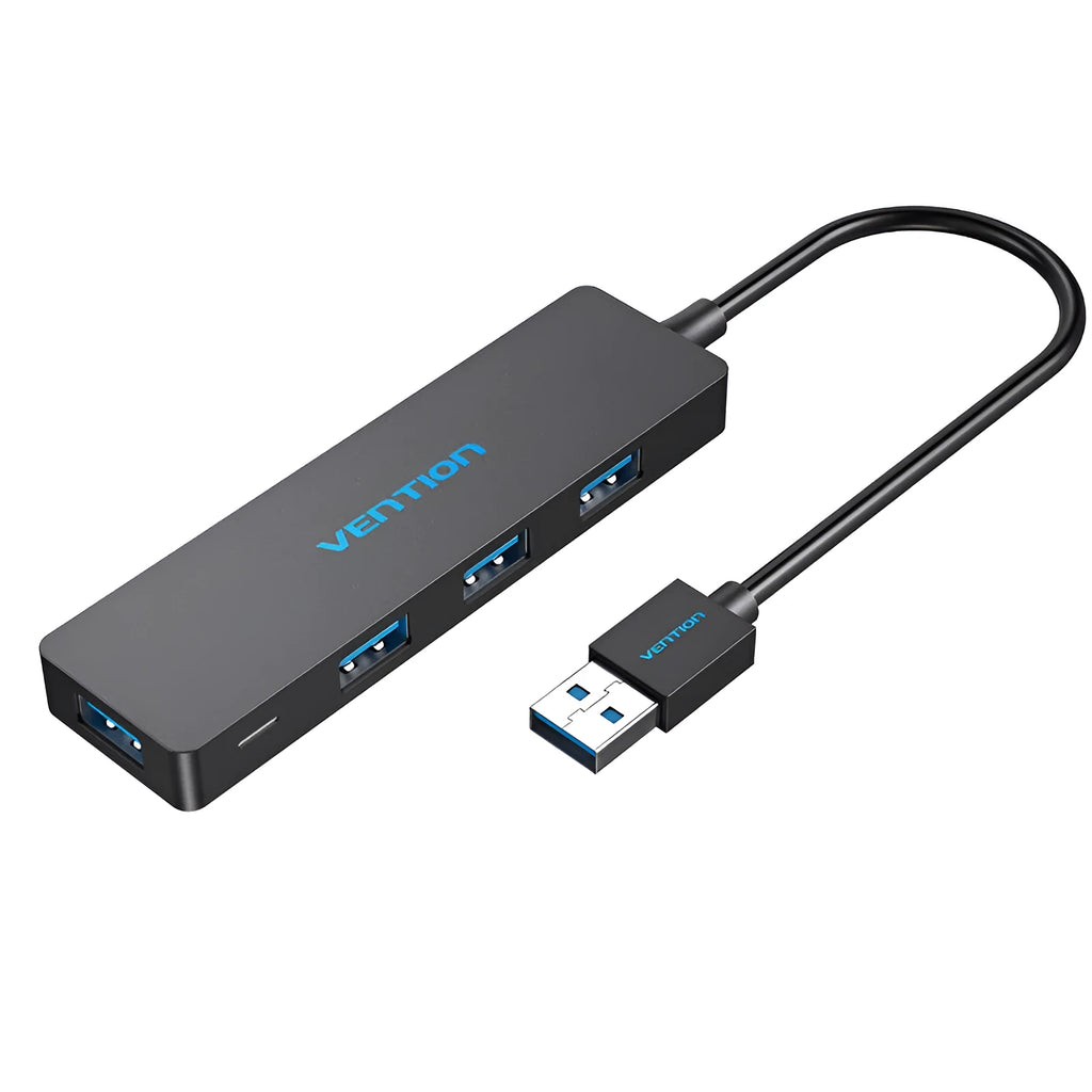 Black USB 3.0 hub with four ports, 0.15m cable, and nickel-plated connectors