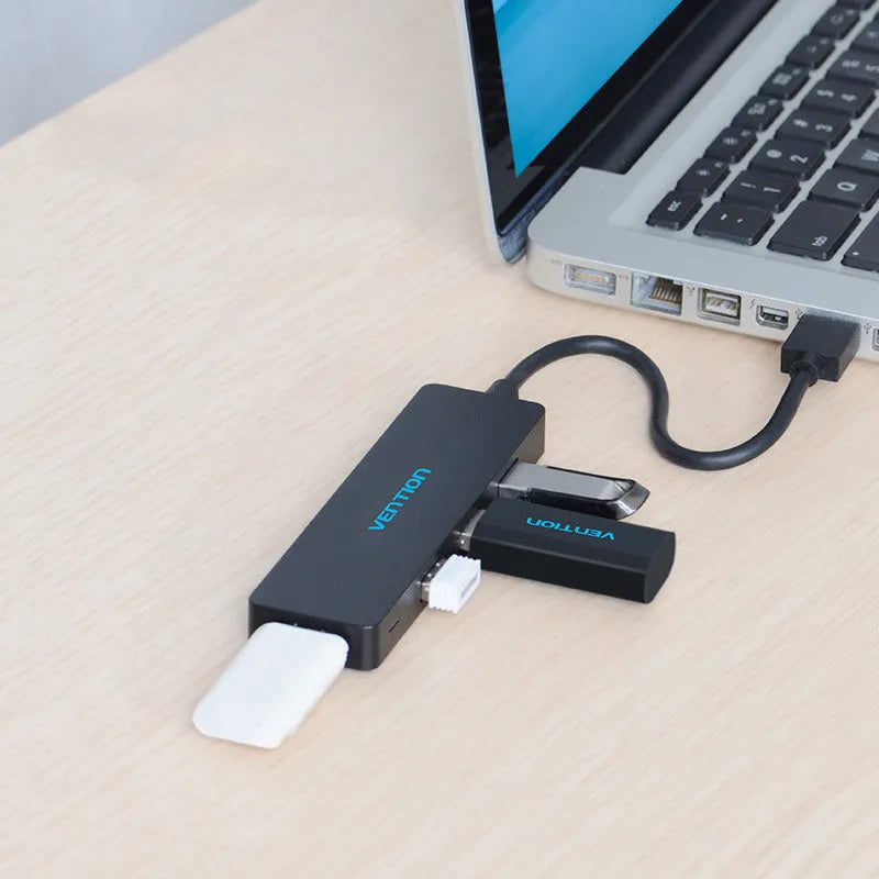 Black USB 3.0 hub with four ports, 0.15m cable, and nickel-plated connectors