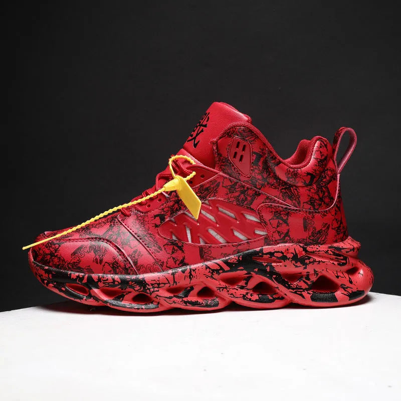 Men's high-top basketball shoes with camouflage pattern in black, green, red, or white colour options
