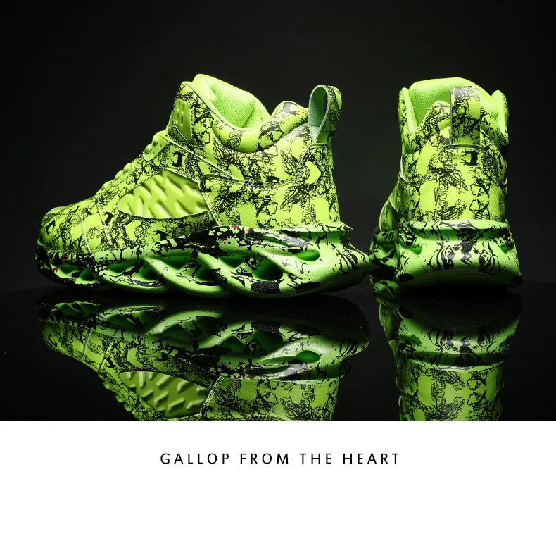 Men's high-top basketball shoes with camouflage pattern in black, green, red, or white colour options
