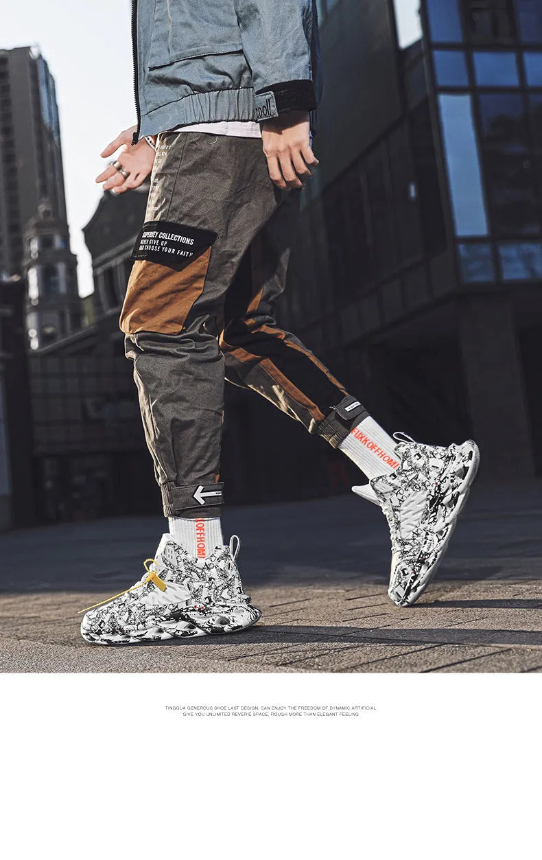 Men's high-top basketball shoes with camouflage pattern in black, green, red, or white colour options