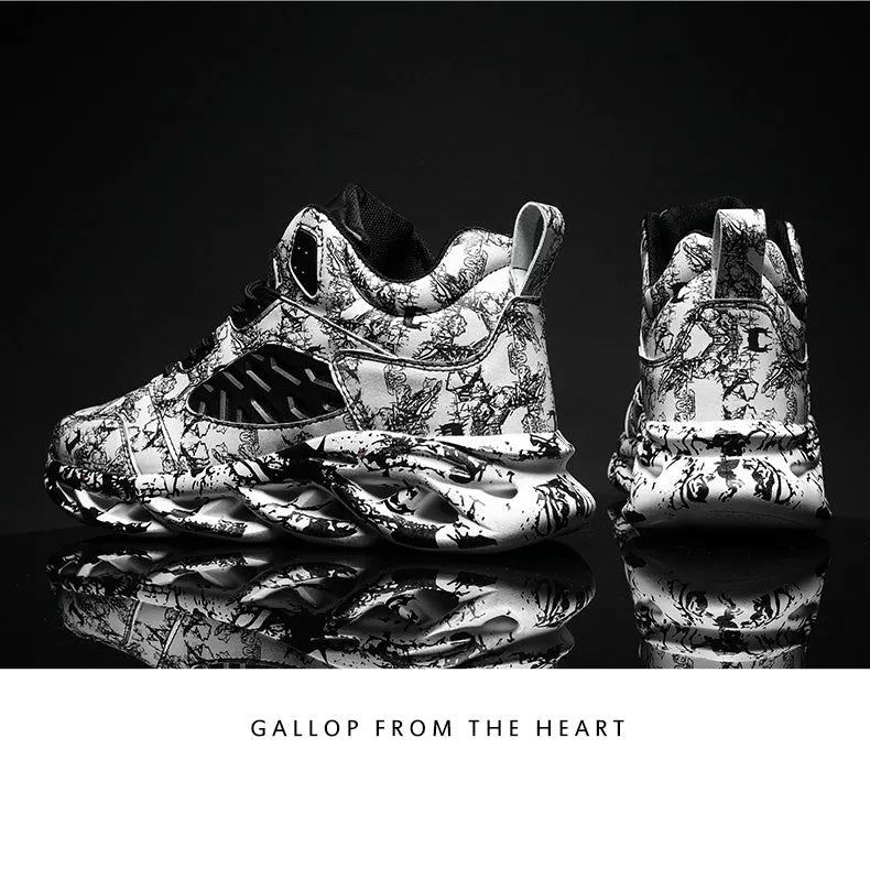 Men's high-top basketball shoes with camouflage pattern in black, green, red, or white colour options