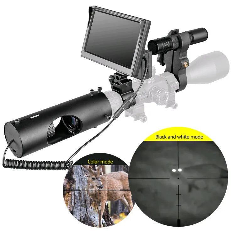 Black digital night vision goggles with a 5-inch LCD display and large objective lenses.