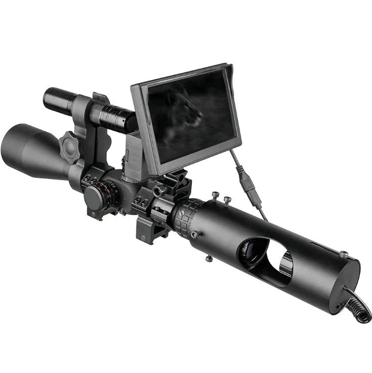 Black digital night vision goggles with a 5-inch LCD display and large objective lenses.