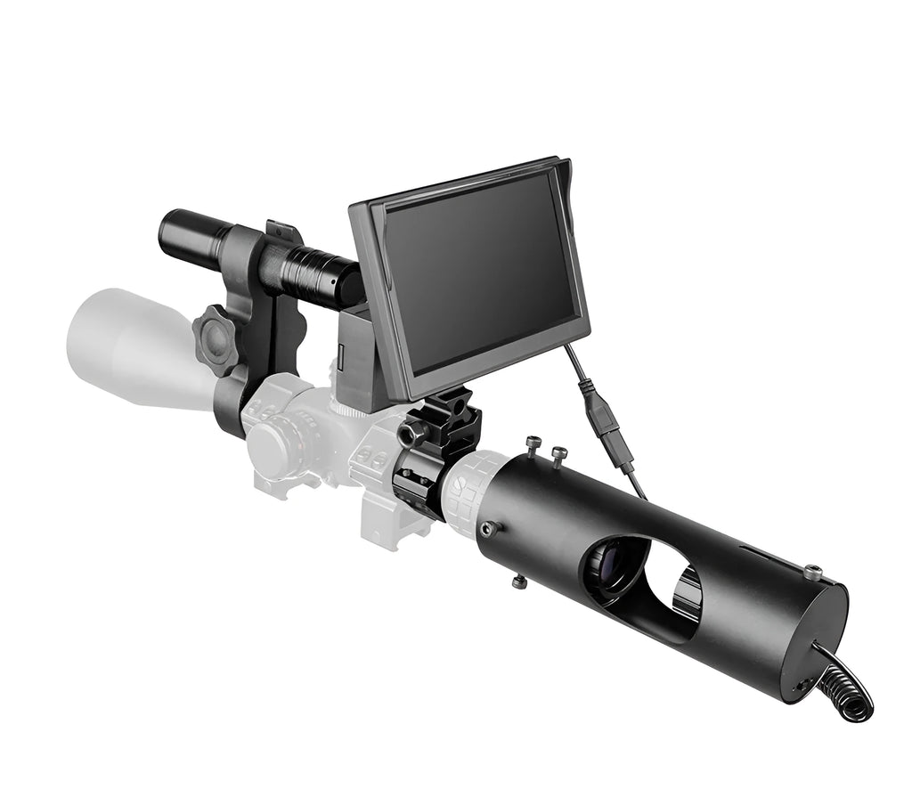 Black digital night vision goggles with a 5-inch LCD display and large objective lenses.