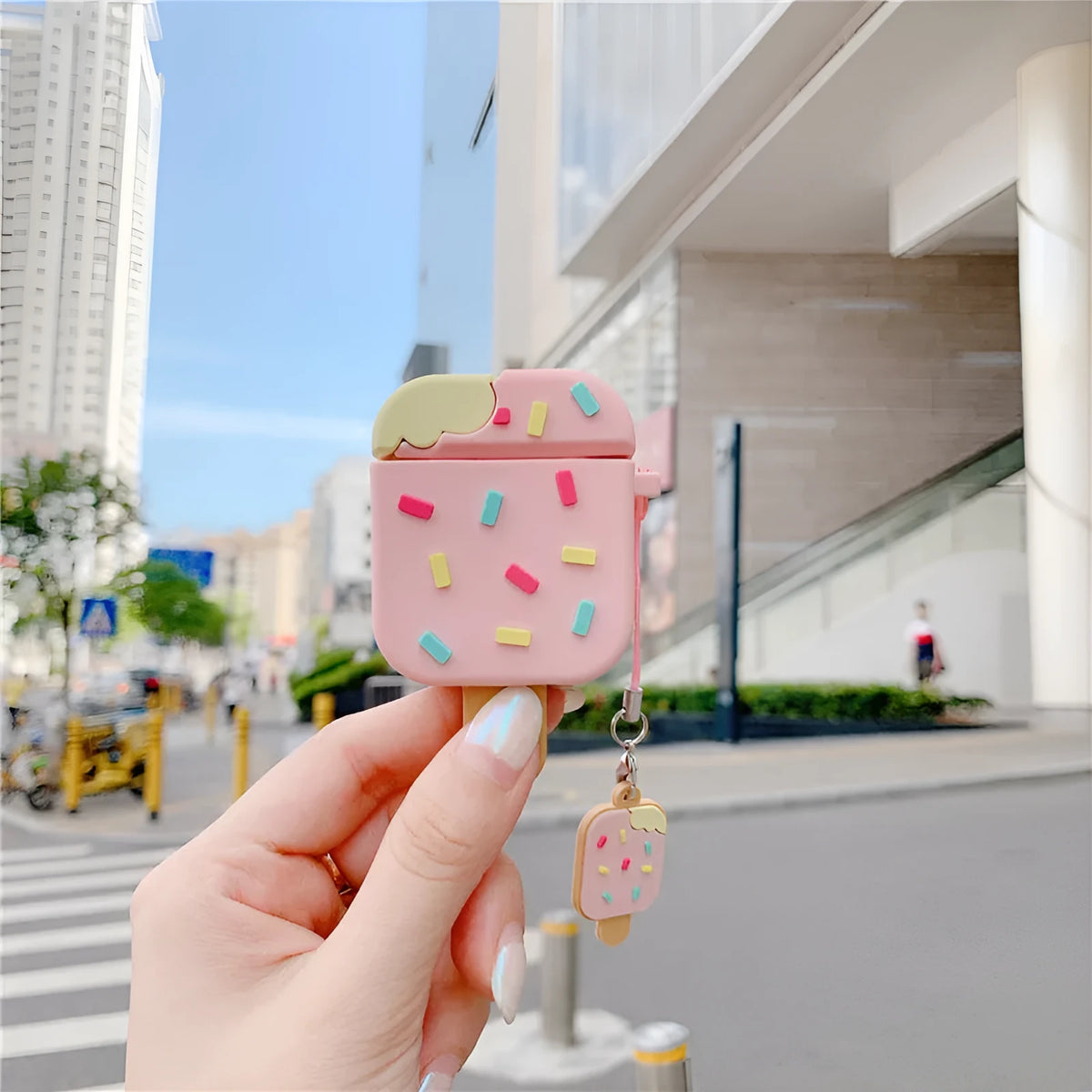 Pink and brown cartoon sandwich ice cream design silicone AirPods case with pendant charm