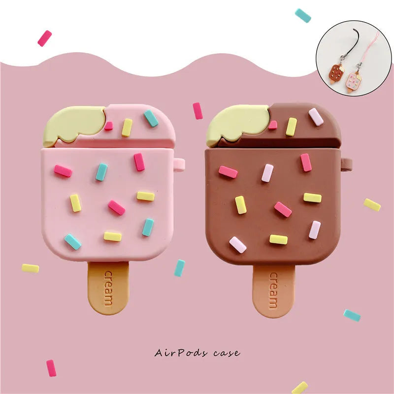 Pink and brown cartoon sandwich ice cream design silicone AirPods case with pendant charm