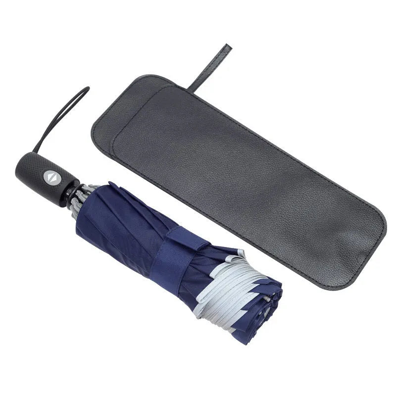 Automatic reverse umbrella showing black canopy with 10 ribs and plastic non-slip handle