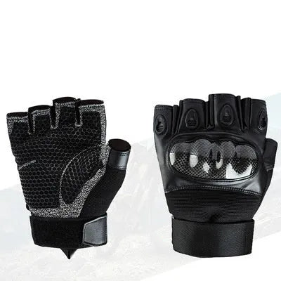 Tactical gloves in carbon fibre style showing full-finger and half-finger options with non-slip grip for outdoor use