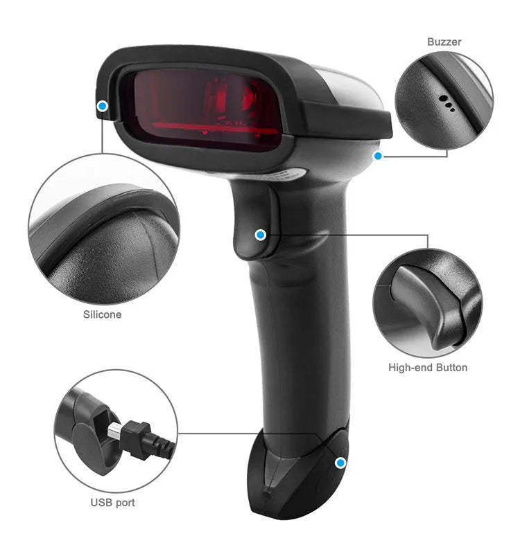 Black wireless handheld barcode scanner with USB connection port