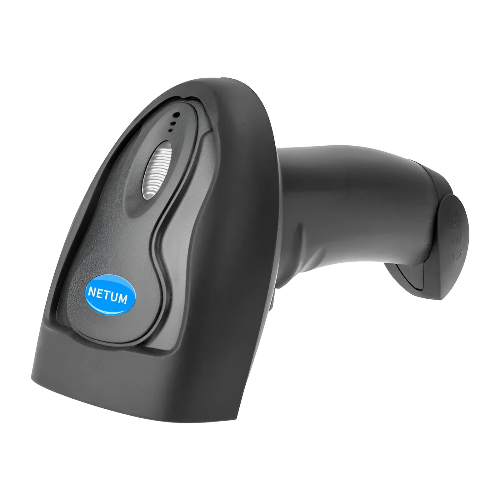 Black wireless handheld barcode scanner with USB connection port