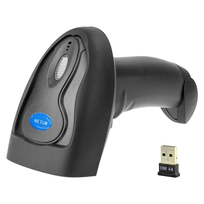 Black wireless handheld barcode scanner with USB connection port