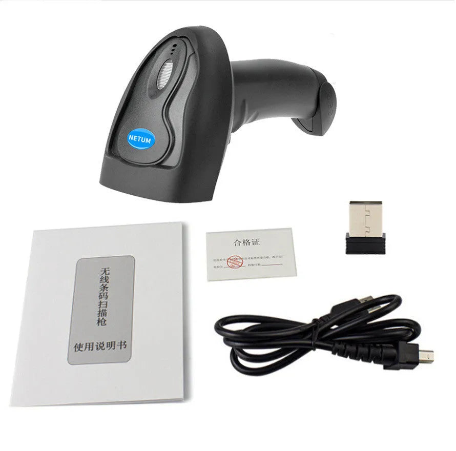 Black wireless handheld barcode scanner with USB connection port