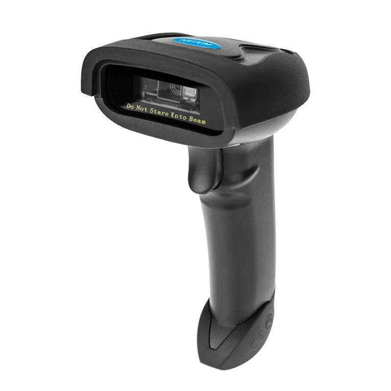 Black wireless handheld barcode scanner with USB connection port