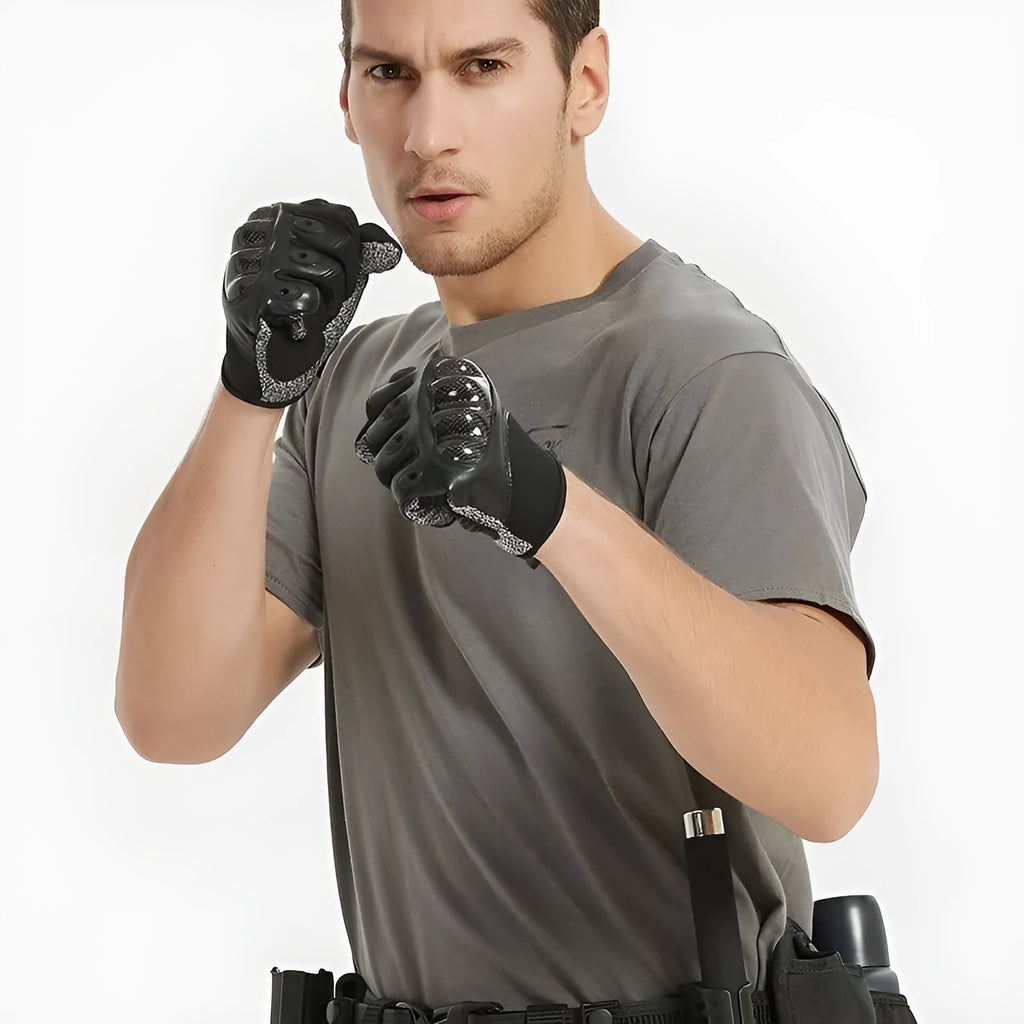 Tactical gloves in carbon fibre style showing full-finger and half-finger options with non-slip grip for outdoor use