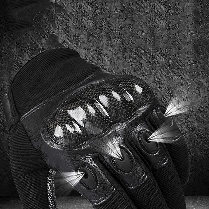 Tactical gloves in carbon fibre style showing full-finger and half-finger options with non-slip grip for outdoor use