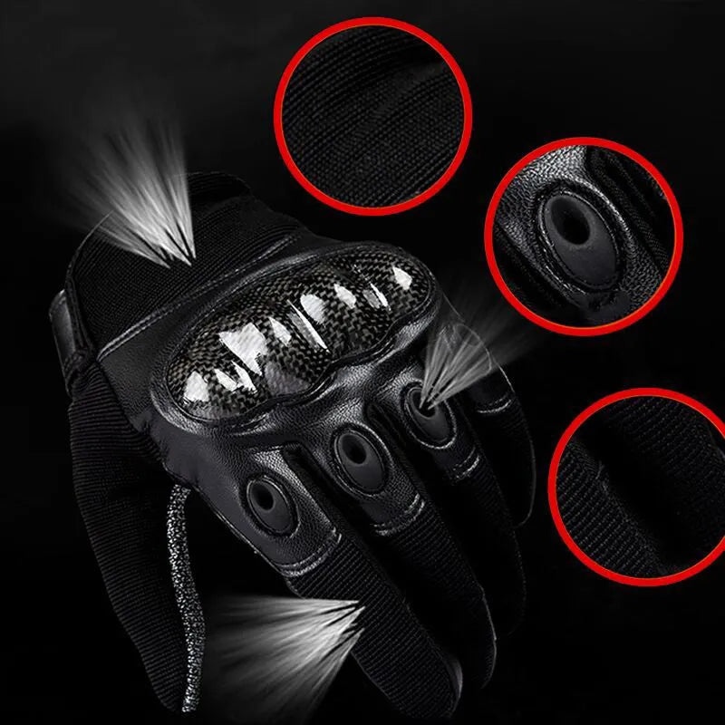 Tactical gloves in carbon fibre style showing full-finger and half-finger options with non-slip grip for outdoor use