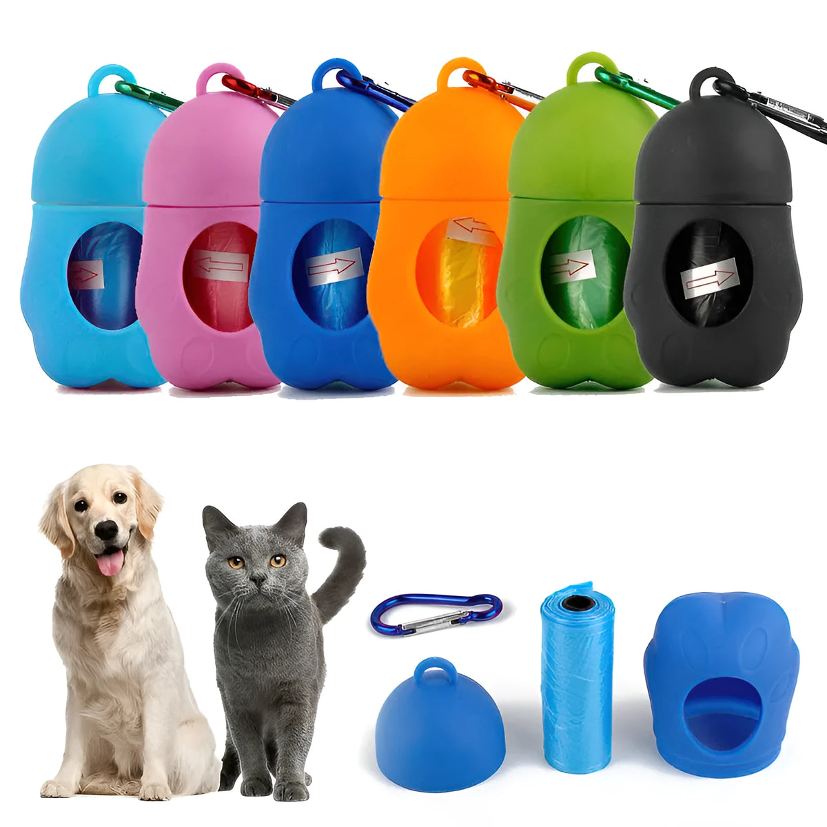 Portable penguin dog poo bag dispenser with storage box, polypropylene pet waste holder in black, blue, green, orange and pink