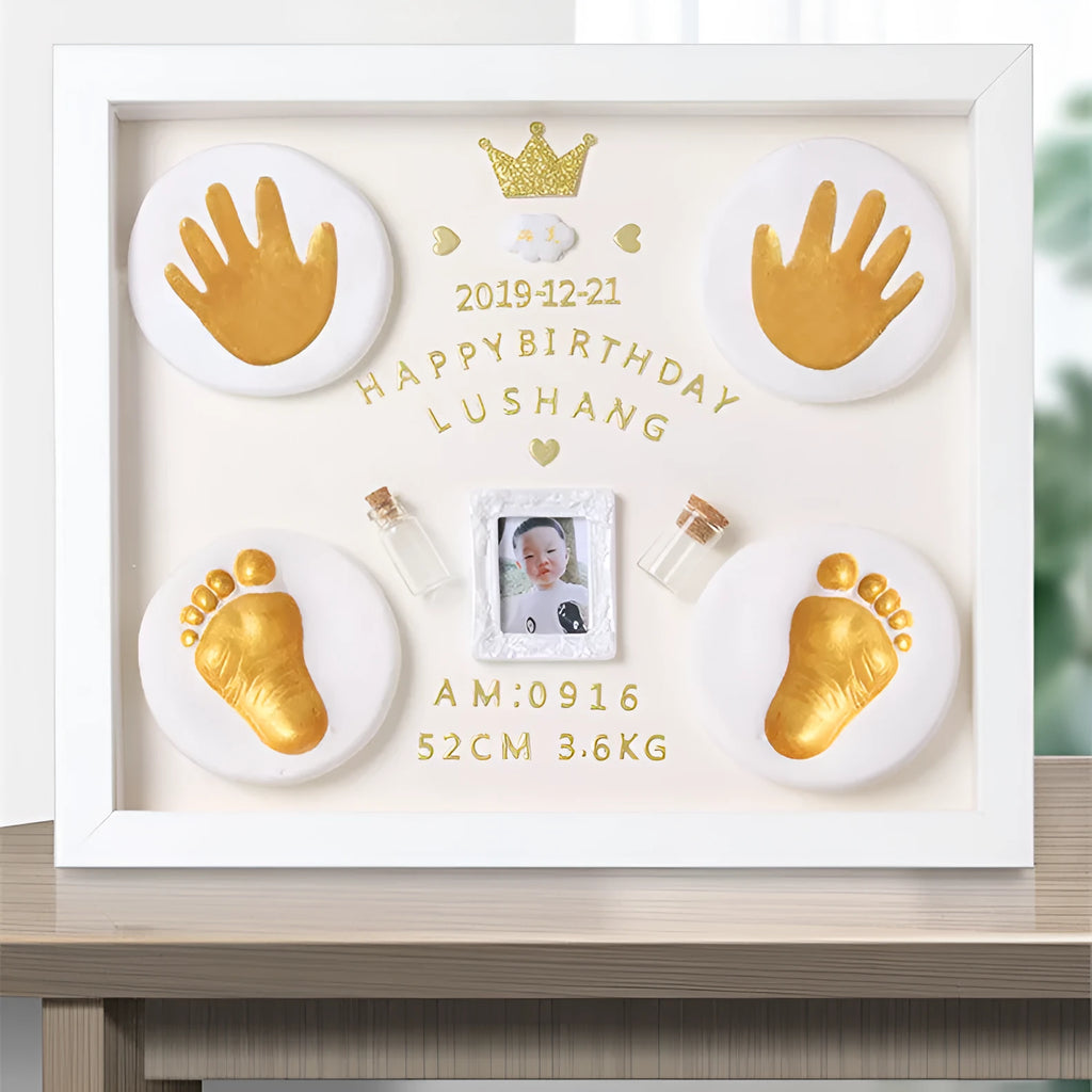 Modern DIY baby hand and foot print photo frame with digital display post and warm light, in black, pink, or white finish.