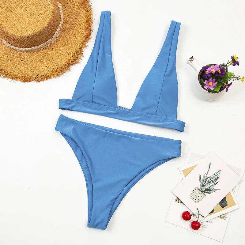 Deep V high waist two-piece bikini in nylon with chest pad, available in eight colours and sizes S M L.
