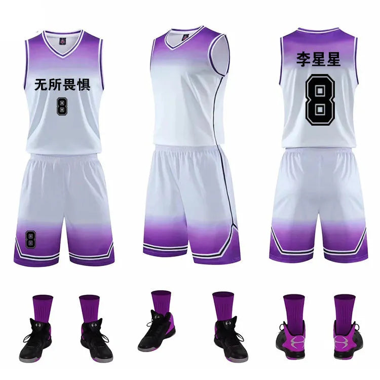 Gradient basketball jersey in red, lake blue, purple, purple and white, or black and white, polyester blend, sizes 2XS to 6XL