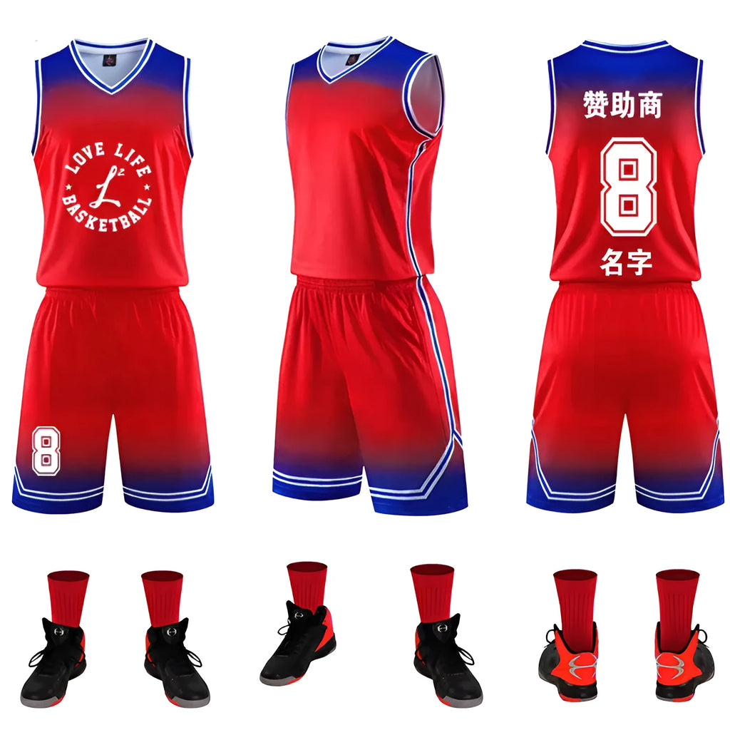 Gradient basketball jersey in red, lake blue, purple, purple and white, or black and white, polyester blend, sizes 2XS to 6XL