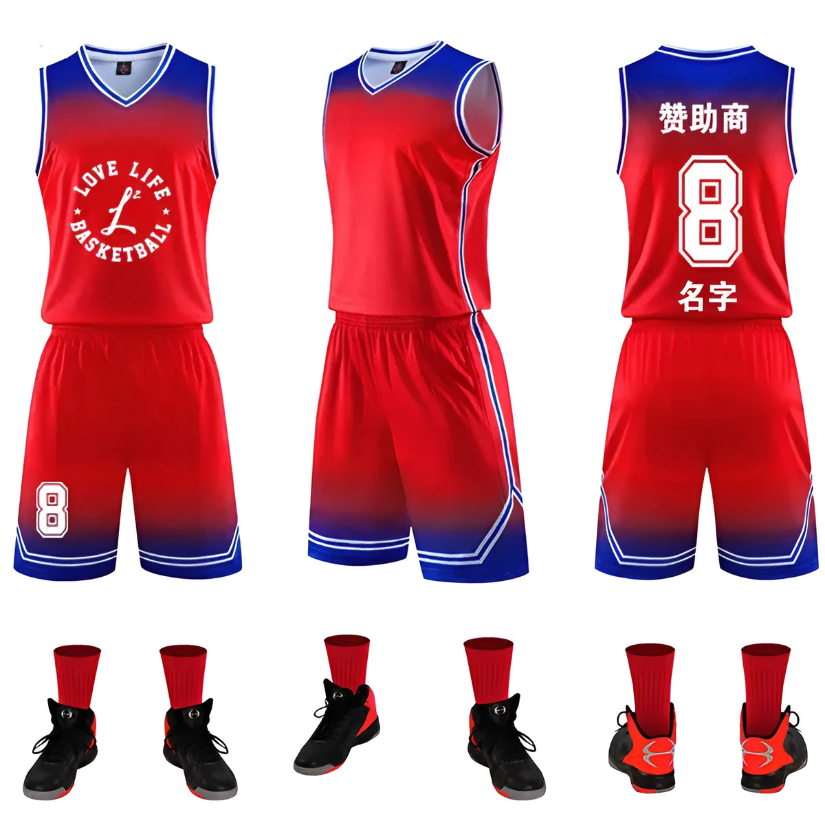 Gradient basketball jersey in red, lake blue, purple, purple and white, or black and white, polyester blend, sizes 2XS to 6XL