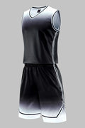 Gradient basketball jersey in red, lake blue, purple, purple and white, or black and white, polyester blend, sizes 2XS to 6XL