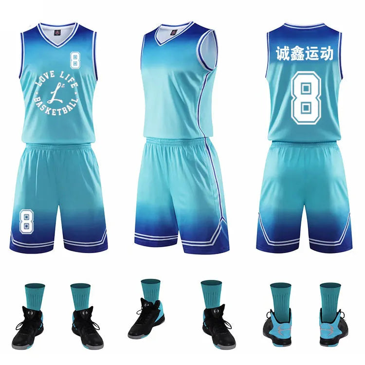 Gradient basketball jersey in red, lake blue, purple, purple and white, or black and white, polyester blend, sizes 2XS to 6XL