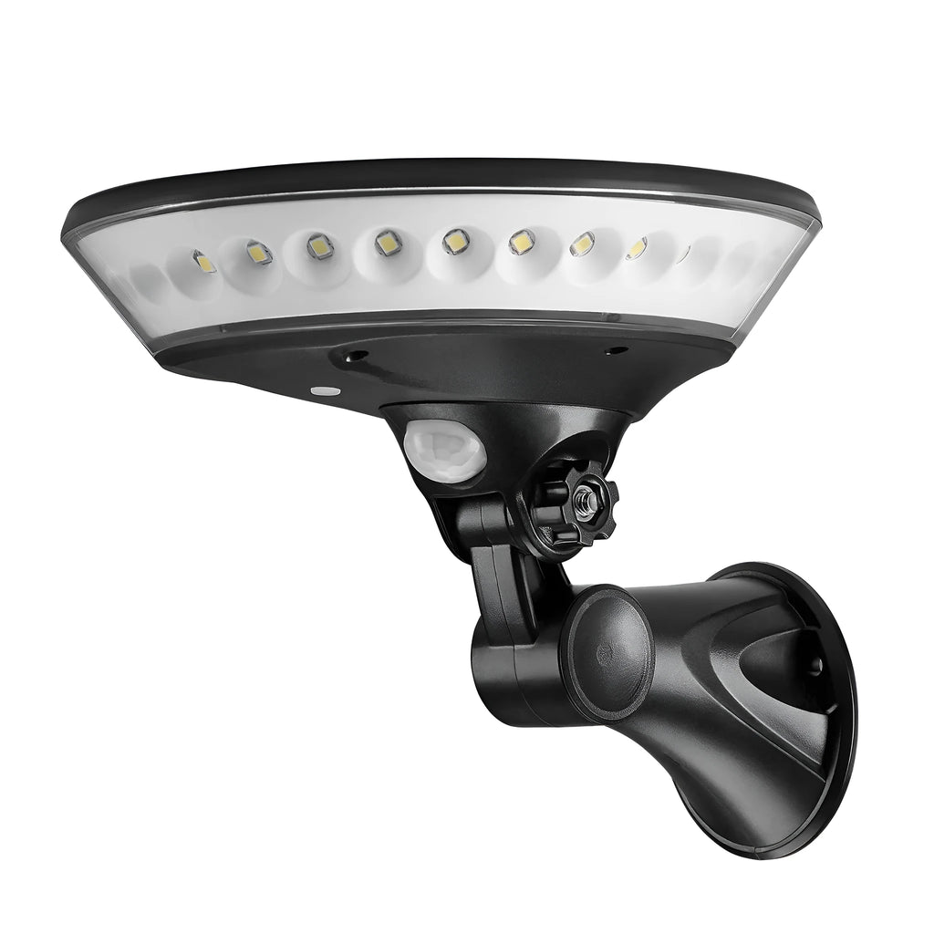 White 360-degree solar garden security light with motion sensor on a stake for outdoor installation.