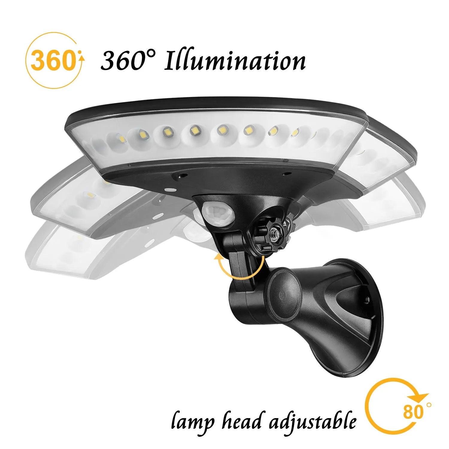 White 360-degree solar garden security light with motion sensor on a stake for outdoor installation.