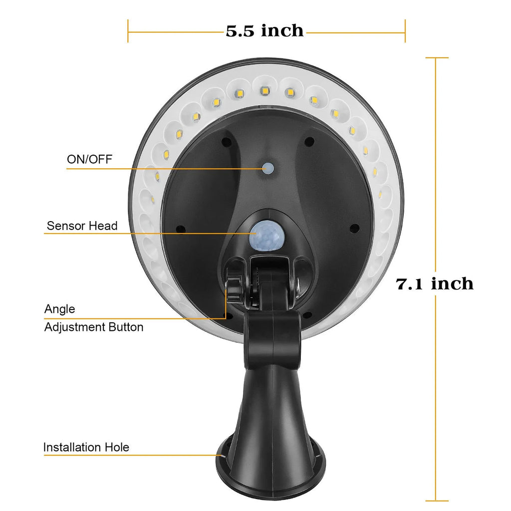 White 360-degree solar garden security light with motion sensor on a stake for outdoor installation.