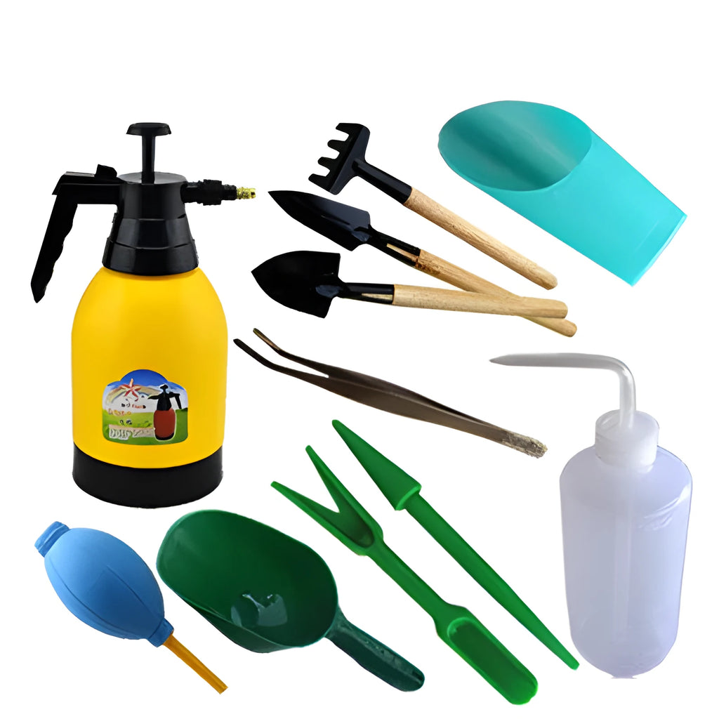 Succulent gardening tools set with blue and orange seedling cloth, tweezers, spray bottle, and planting tools.