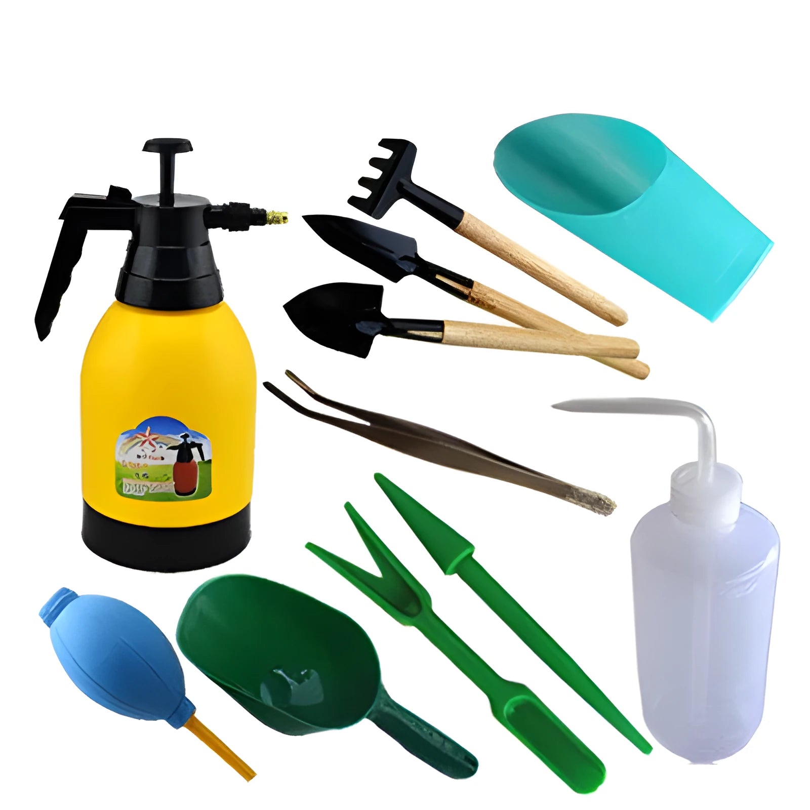 Succulent gardening tools set with blue and orange seedling cloth, tweezers, spray bottle, and planting tools.
