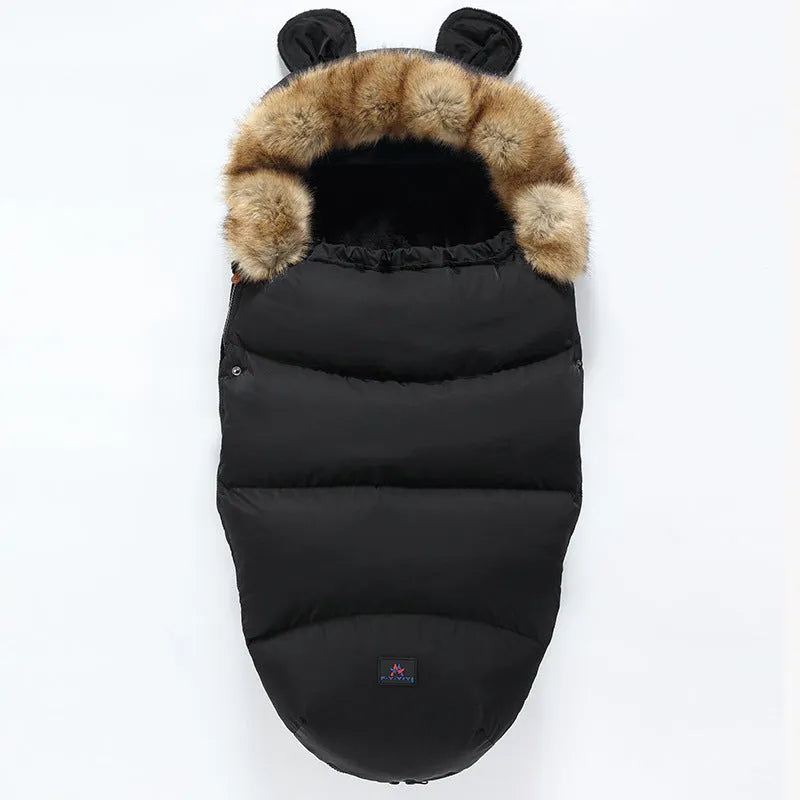 Baby stroller sleeping bag in silkworm cocoon style, shown in a colour option, measuring 100 by 48 centimetres.