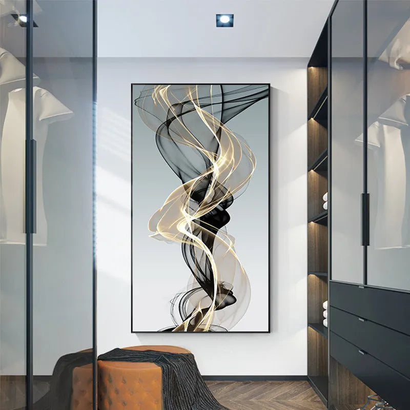 Modern frameless canvas print with black and yellow geometric abstract lines on a rectangular canvas
