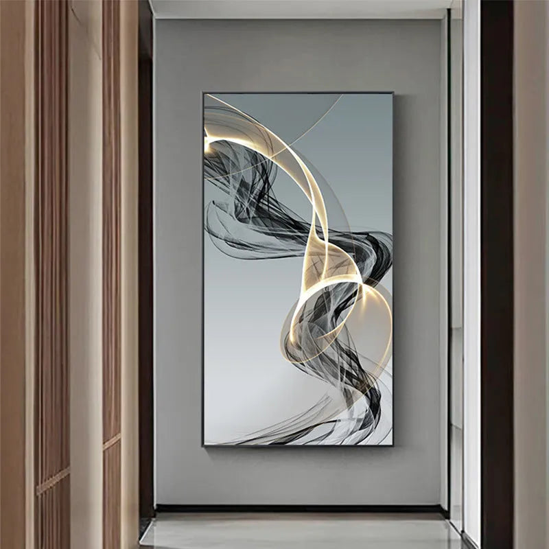 Modern frameless canvas print with black and yellow geometric abstract lines on a rectangular canvas