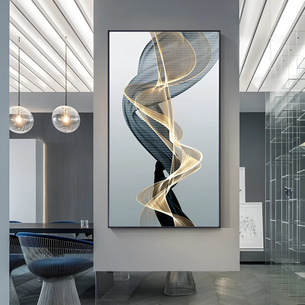 Modern frameless canvas print with black and yellow geometric abstract lines on a rectangular canvas