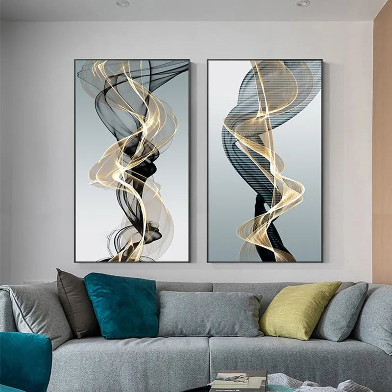 Modern frameless canvas print with black and yellow geometric abstract lines on a rectangular canvas
