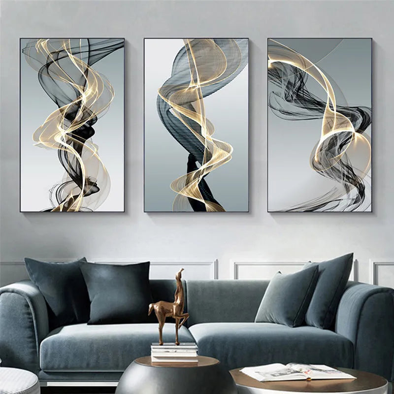 Modern frameless canvas print with black and yellow geometric abstract lines on a rectangular canvas