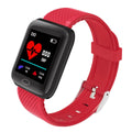 116PLUS smart bracelet with 1.3 inch colour screen, silicone strap, heart rate and pedometer functions, available in five colours.