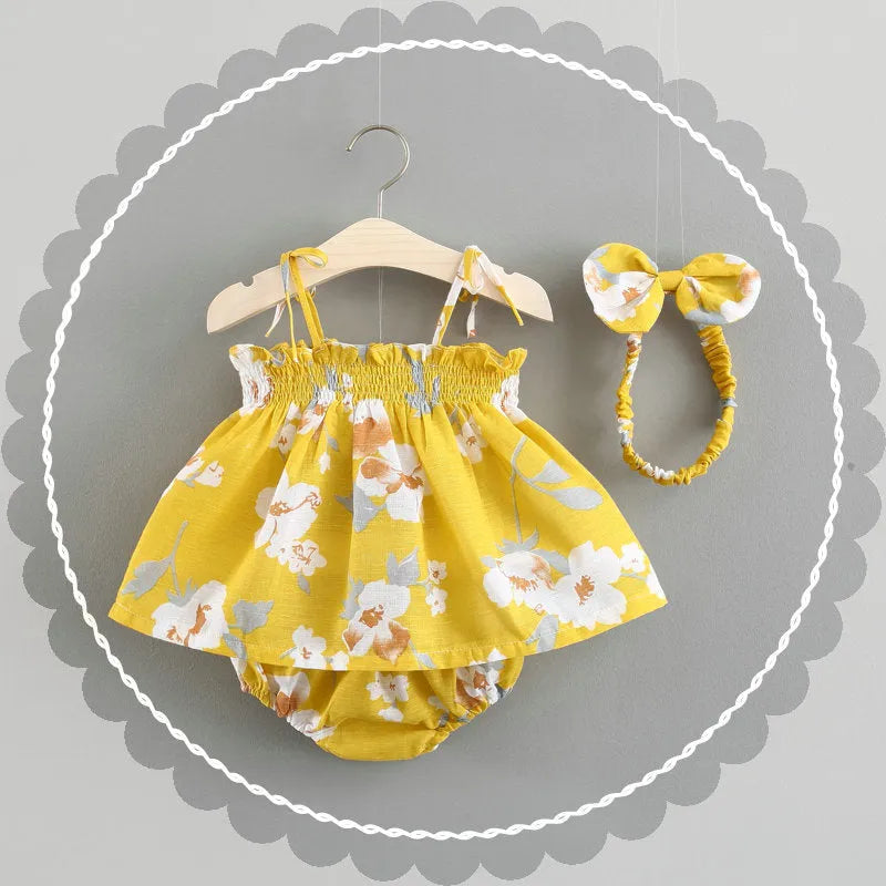 Baby summer Korean princess dress in cotton with floral pattern, strap style, available in blue, pink, yellow, sizes 70-100cm