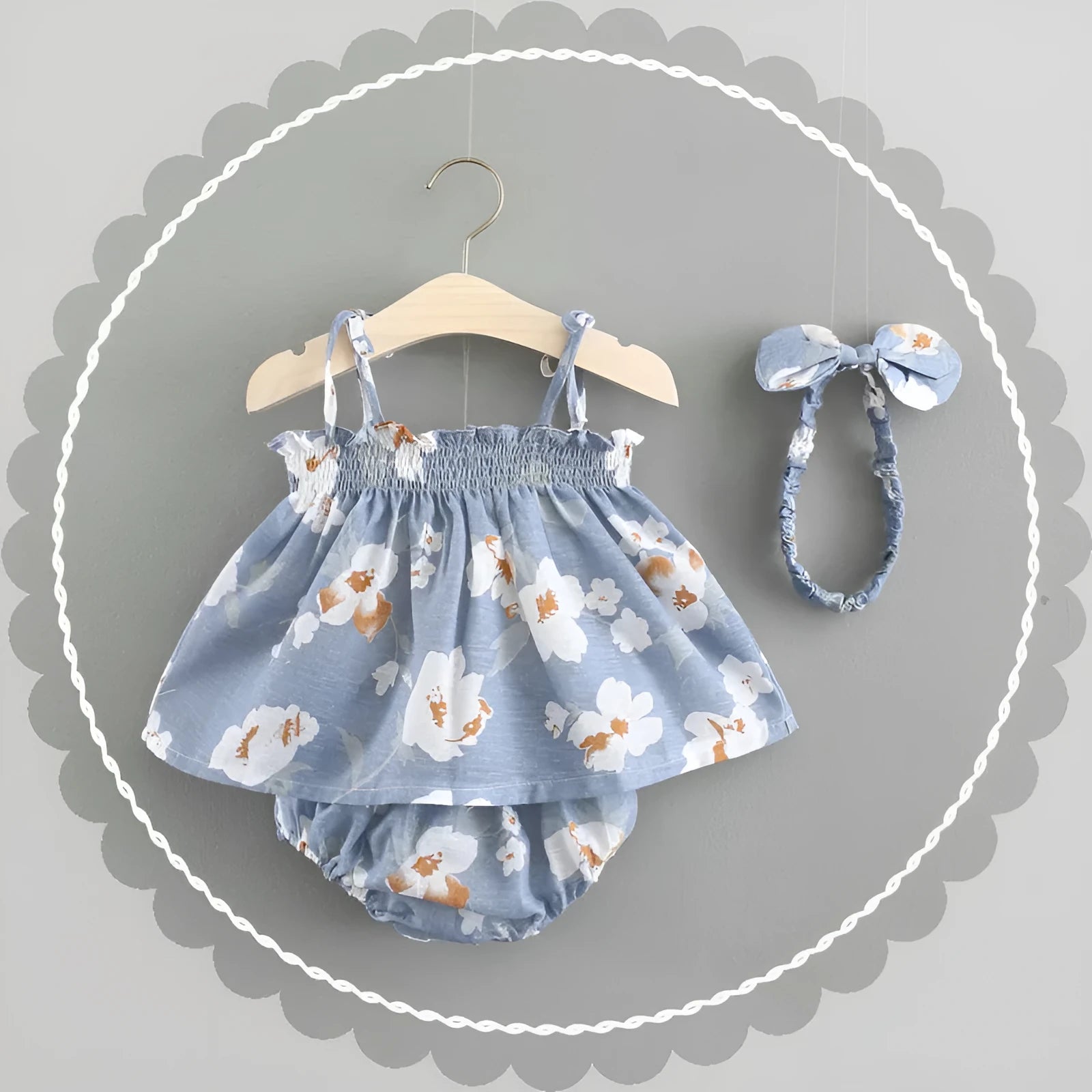 Baby summer Korean princess dress in cotton with floral pattern, strap style, available in blue, pink, yellow, sizes 70-100cm