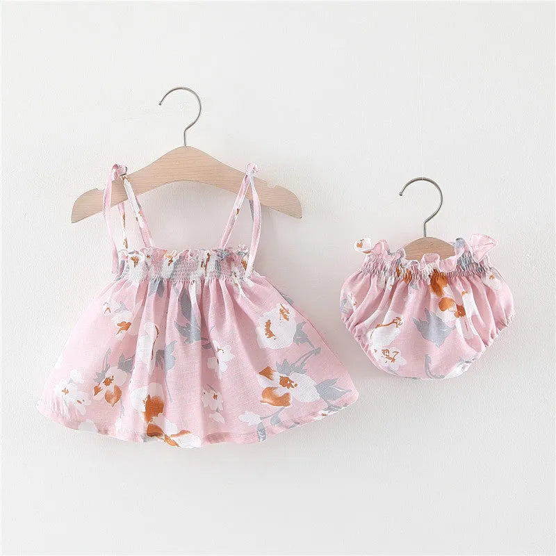 Baby summer Korean princess dress in cotton with floral pattern, strap style, available in blue, pink, yellow, sizes 70-100cm