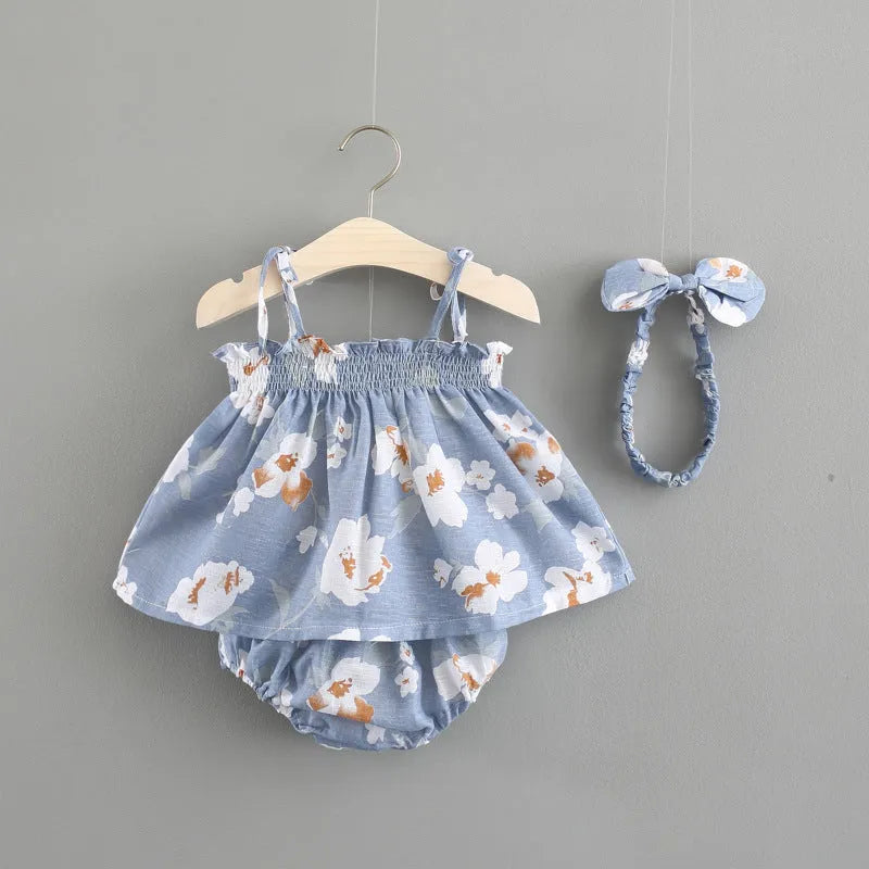 Baby summer Korean princess dress in cotton with floral pattern, strap style, available in blue, pink, yellow, sizes 70-100cm