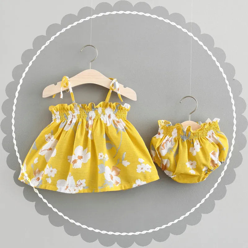 Baby summer Korean princess dress in cotton with floral pattern, strap style, available in blue, pink, yellow, sizes 70-100cm